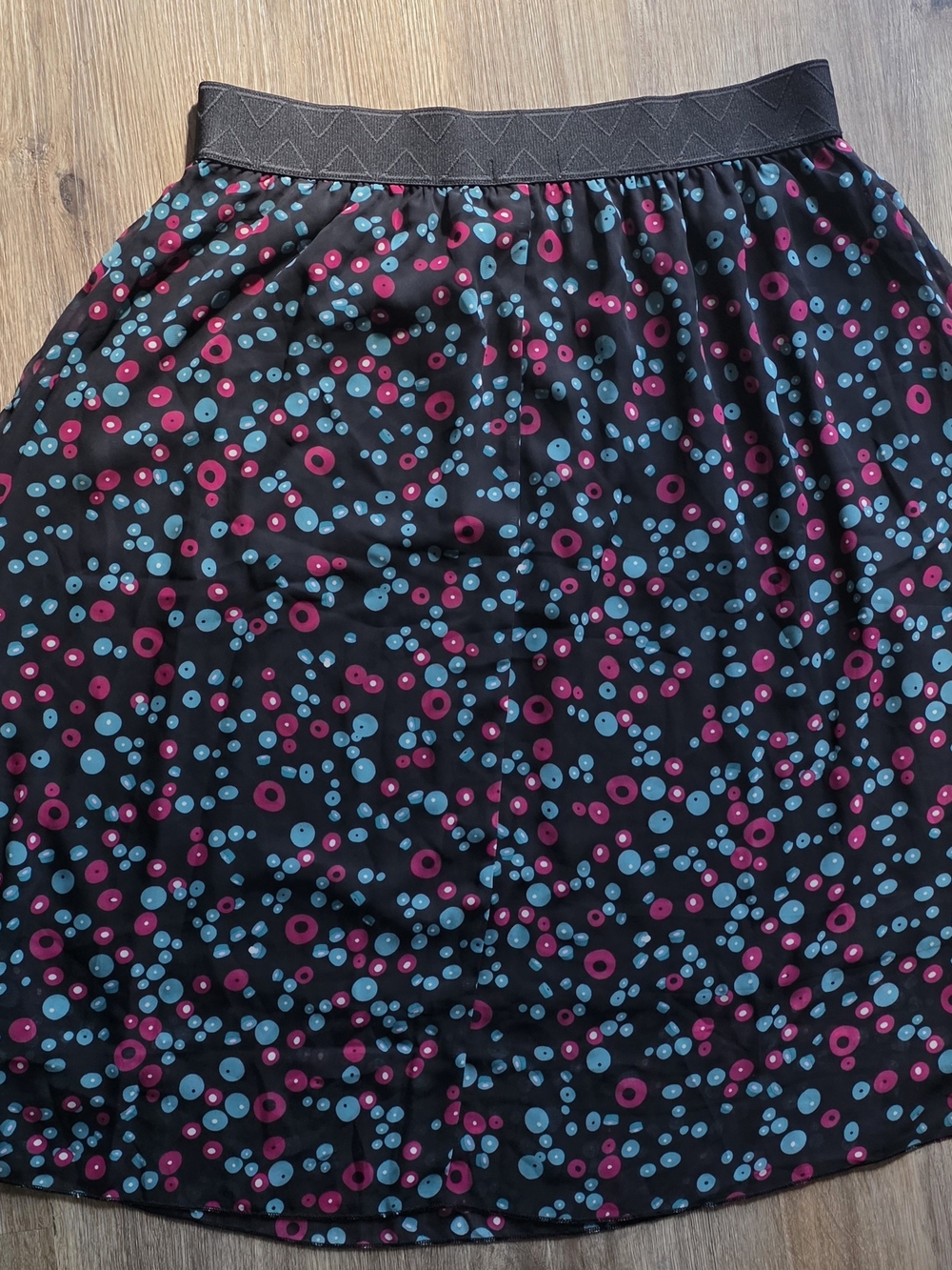 Black Printed A-Line Skirt with Pink & Teal Dot Pattern